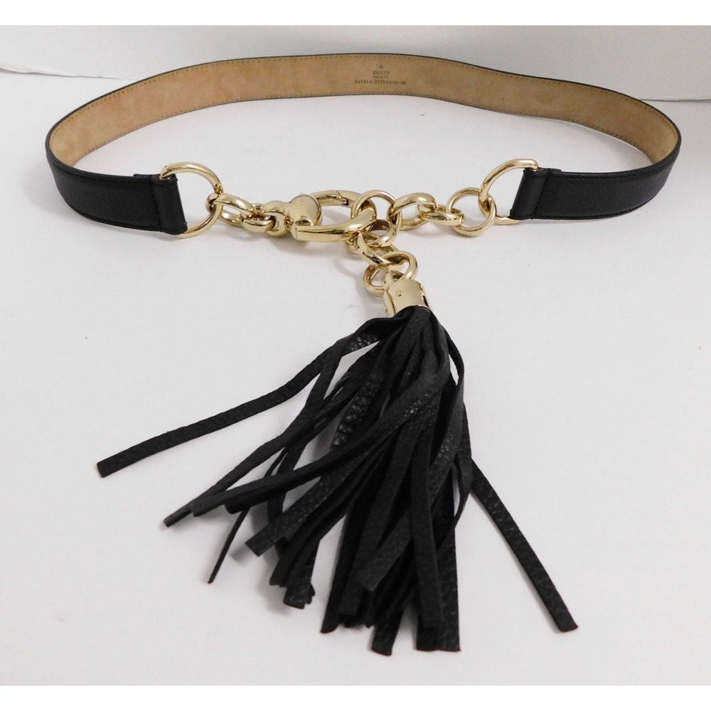 Authentic Gucci Gold Horsebit Buckle Black Textured Leather Belt w/ tassel 90 36